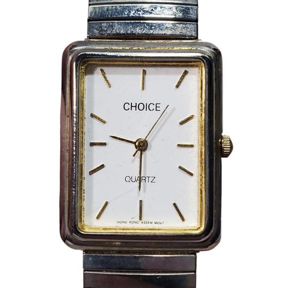 Vintage CHOICE Quartz Watch Hong Kong Rectangular Face Stretch Band New Battery - Picture 2 of 15